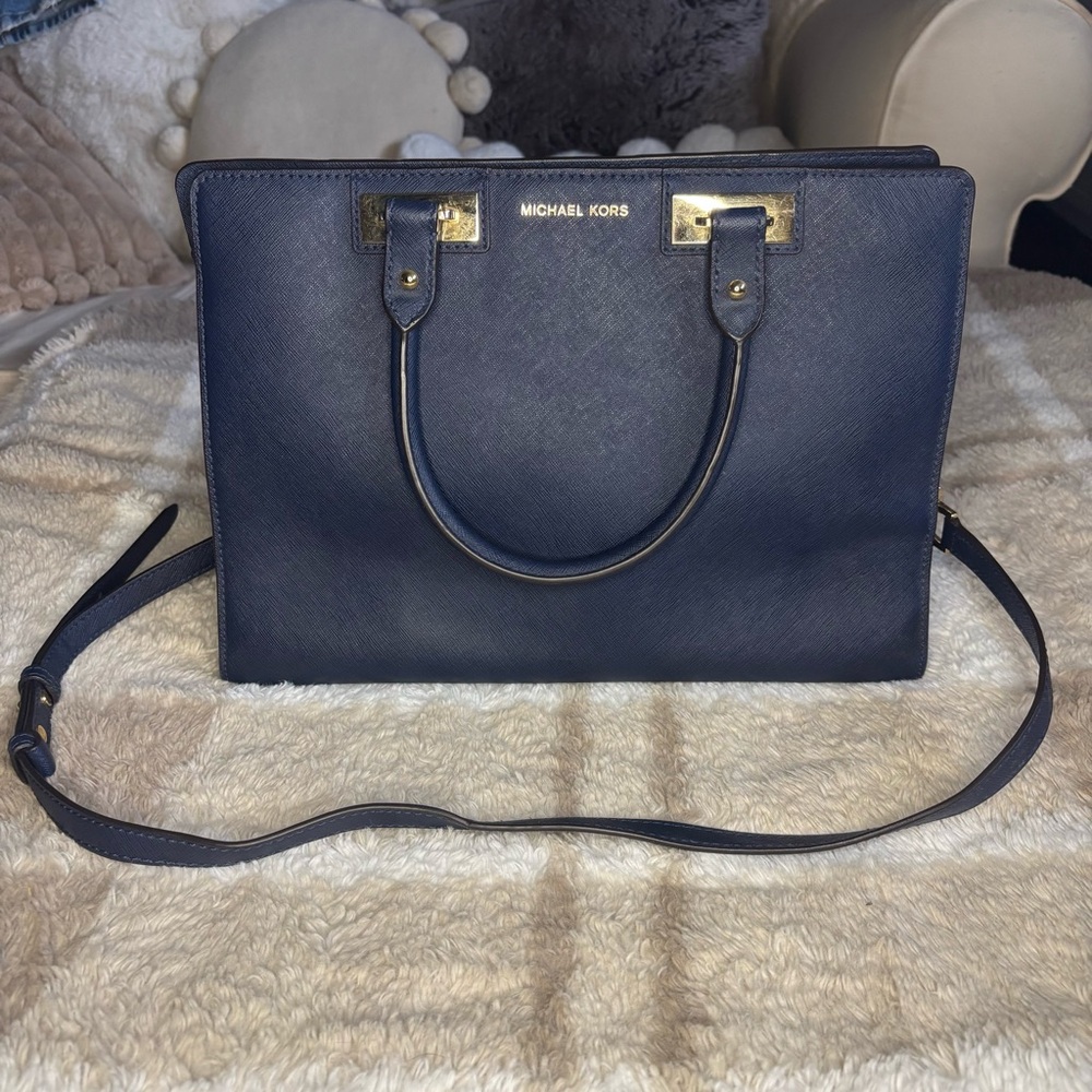 Michael Kors Dark Blue Satchel with Gold Accents